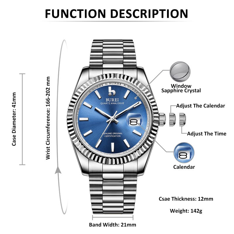 BUREI Mens Watches Luxury Stainless Steels Analog Business Fashion Waterproof Watches for Men,Gifts for Men - Image 4